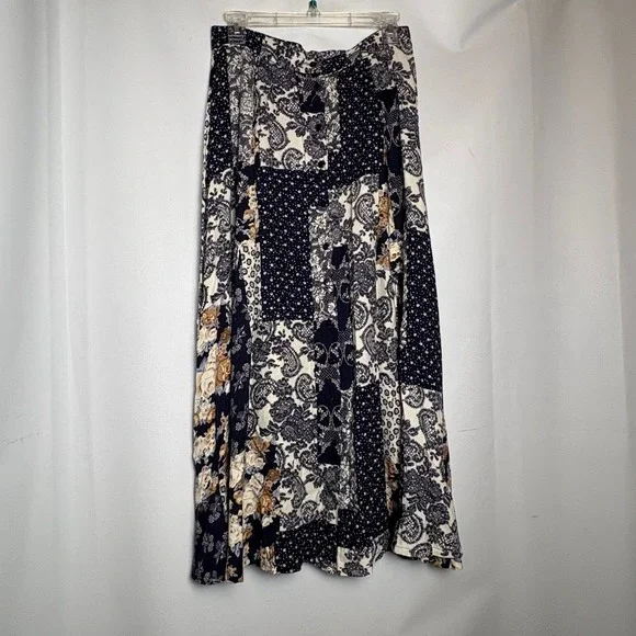 California Influence Vtg 90s Patchwork Paisley Maxi Skirt Button Front 12 Boho - Picture 1 of 9